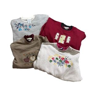 LOT OF 4 Grandma Holiday Christmas Sweaters Vintage Cozy Crewneck 80s 90s L/XL